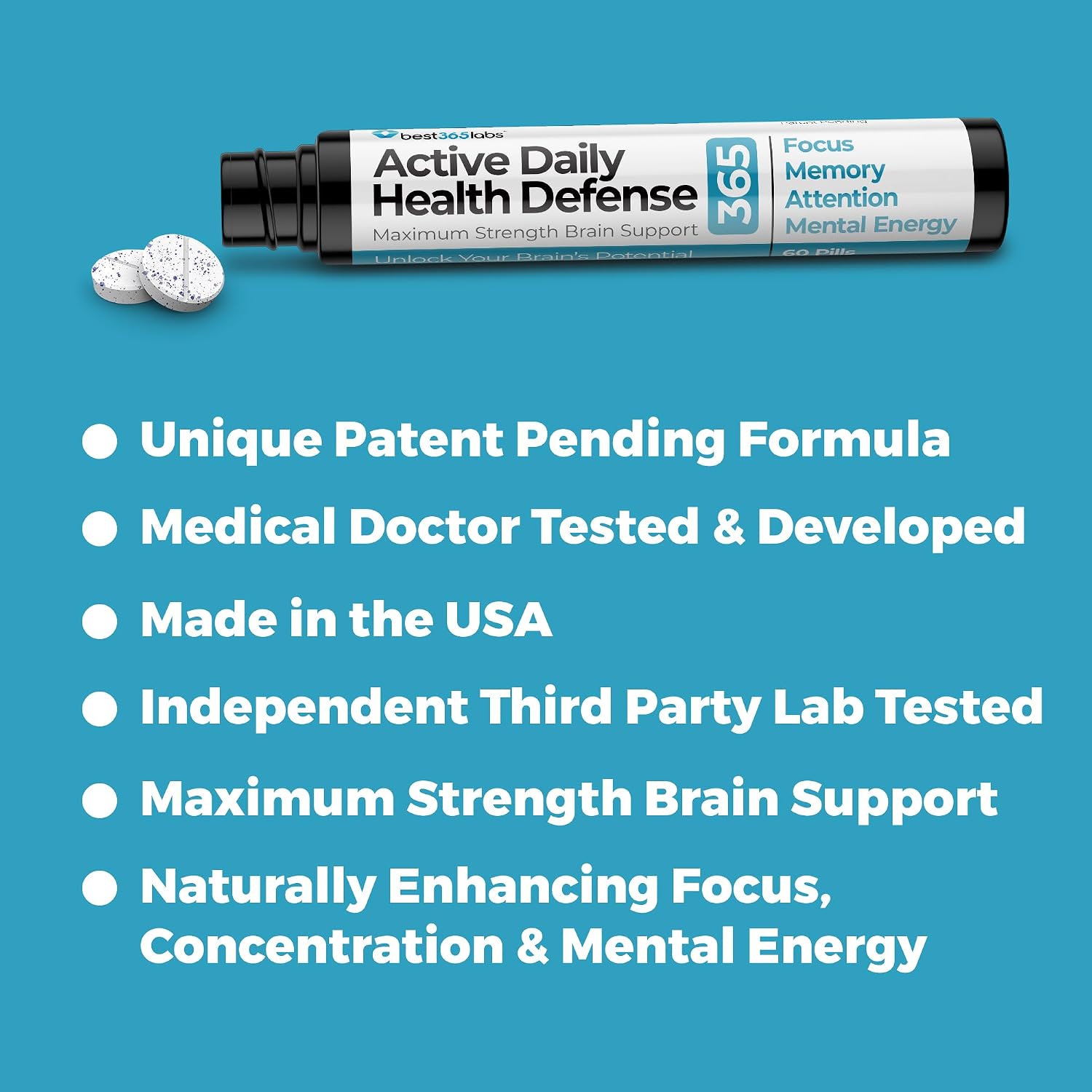 Best 365 Labs Maximum Strength Brain Support - Methylene Blue, Caffeine y L-Theanine - 60 Comprimidos