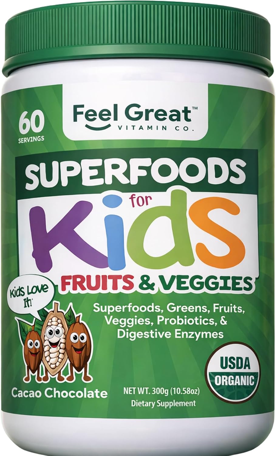 Feel Great Super Greens en Polvo Orgánico USDA para Niños, Sabor Chocolate, Suplemento de Frutas y Verduras con Probióticos y Enzimas Digestivas, 60 Días