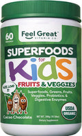 Feel Great Super Greens en Polvo Orgánico USDA para Niños, Sabor Chocolate, Suplemento de Frutas y Verduras con Probióticos y Enzimas Digestivas, 60 Días