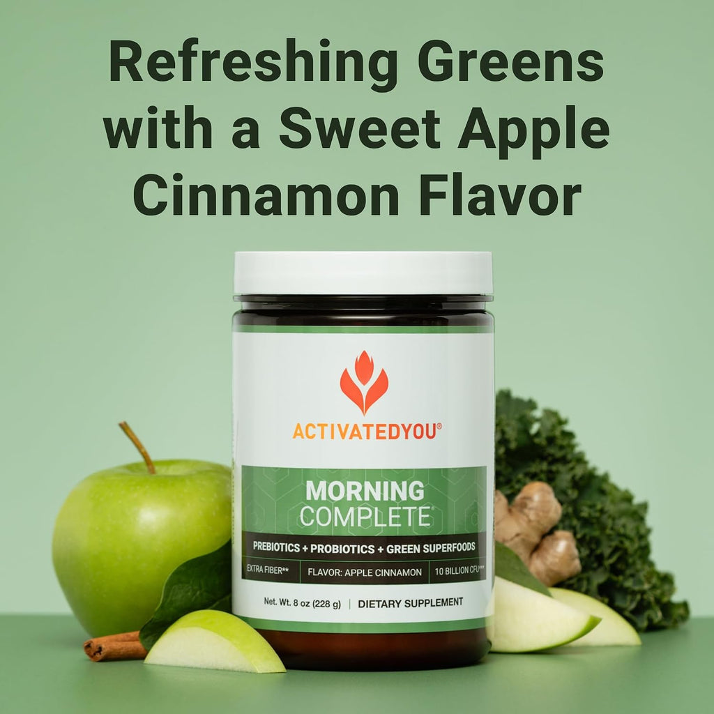 ACTIVATEDYOU Morning Complete - Mezcla de Superalimentos Verdes con Prebióticos, Probióticos y Antioxidantes, 30 Raciones (Manzana Canela)
