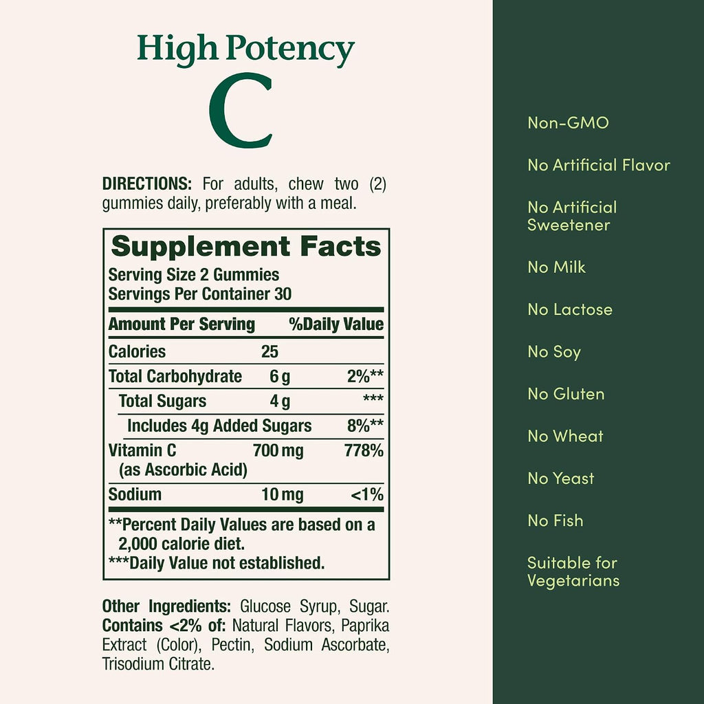 Nature's Bounty Gominolas de Vitamina C 700mg - Alta Potencia, Sabor Naranja, 60 Unidades