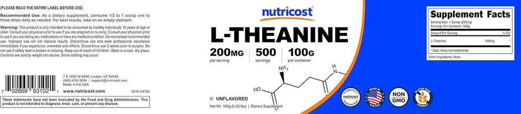 Nutricost L-Theanine en Polvo 100g - Sin Gluten y No-GMO