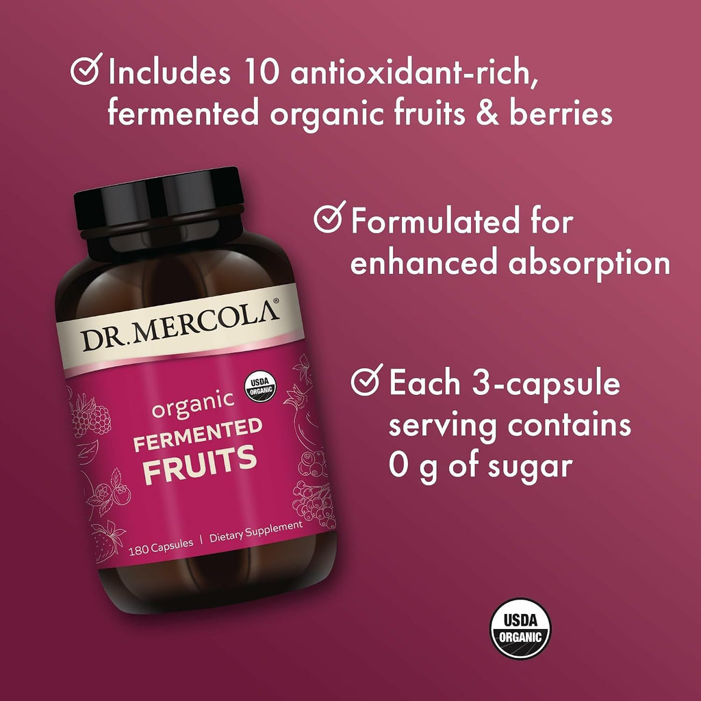 Dr. Mercola Organic Fermented Fruits - Antioxidant Support - Whole Food Berry & Fruit Blend - Zero Sugar - Non-GMO - Gluten-Free - 180 Capsules