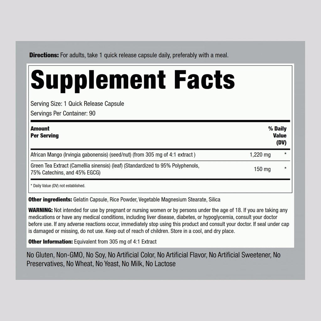 Piping Rock African Mango Seed Extract with Green Tea | 90 Capsules | Extra Strength Supplement | Non-GMO, Gluten-Free