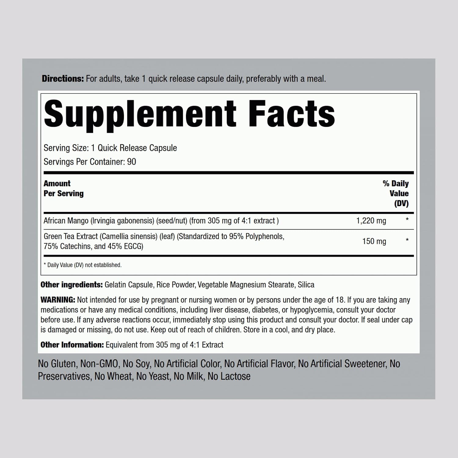 Piping Rock African Mango Seed Extract with Green Tea | 90 Capsules | Extra Strength Supplement | Non-GMO, Gluten-Free