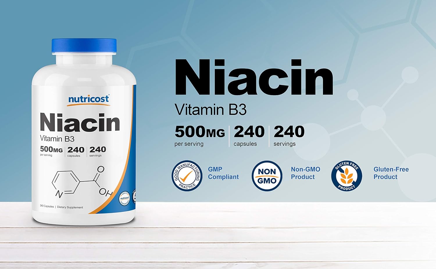 Nutricost Niacin (Vitamin B3) 500mg, 240 Capsules - Niacin Flush