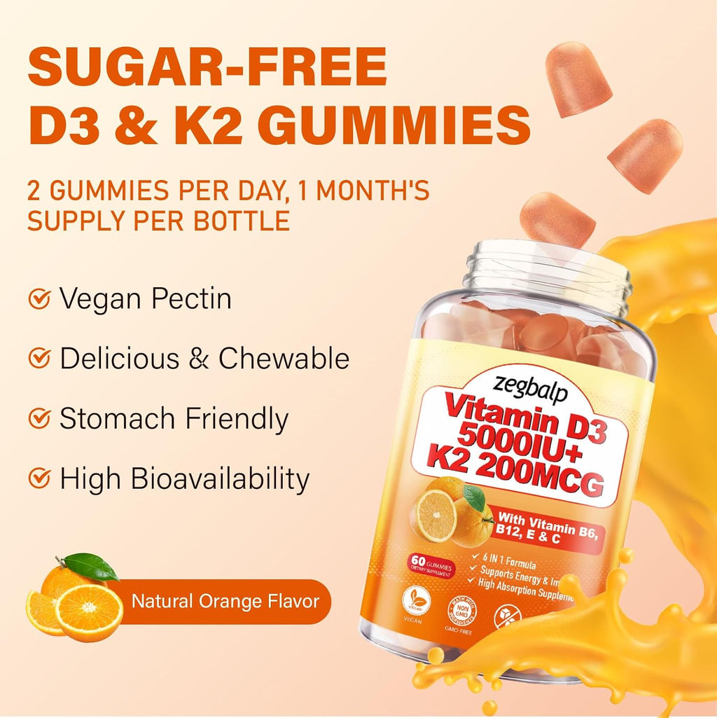 2 Paquetes de Gominolas de Vitamina D3 y K2 para Adultos, Sin Azúcar, Vitamina D3 5000UI + K2 (MK-7) 200mcg Suplemento con Complejo B y Vitaminas C y E, para Huesos, Músculos, Dientes e Inmunidad, Vegano, Sin Gluten