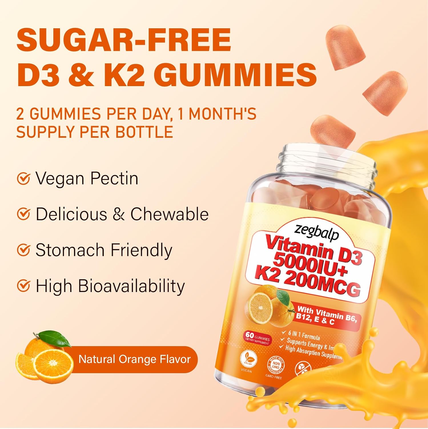 2 Paquetes de Gominolas de Vitamina D3 y K2 para Adultos, Sin Azúcar, Vitamina D3 5000UI + K2 (MK-7) 200mcg Suplemento con Complejo B y Vitaminas C y E, para Huesos, Músculos, Dientes e Inmunidad, Vegano, Sin Gluten