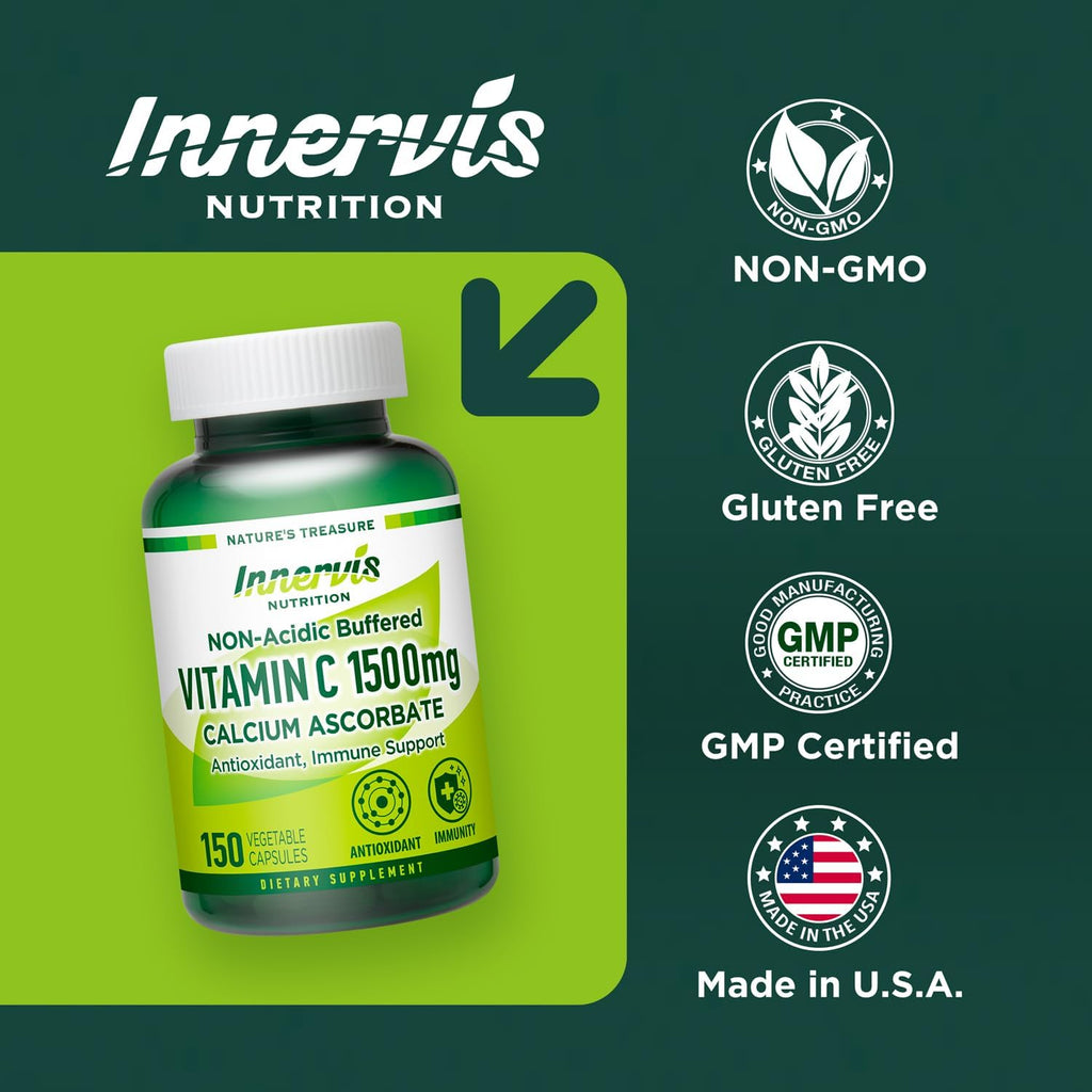 Vitamina C Tamponada 1500 mg - Ascorbato de Calcio, No Ácida, Favorable para el Estómago - 150 Cápsulas Vegetales