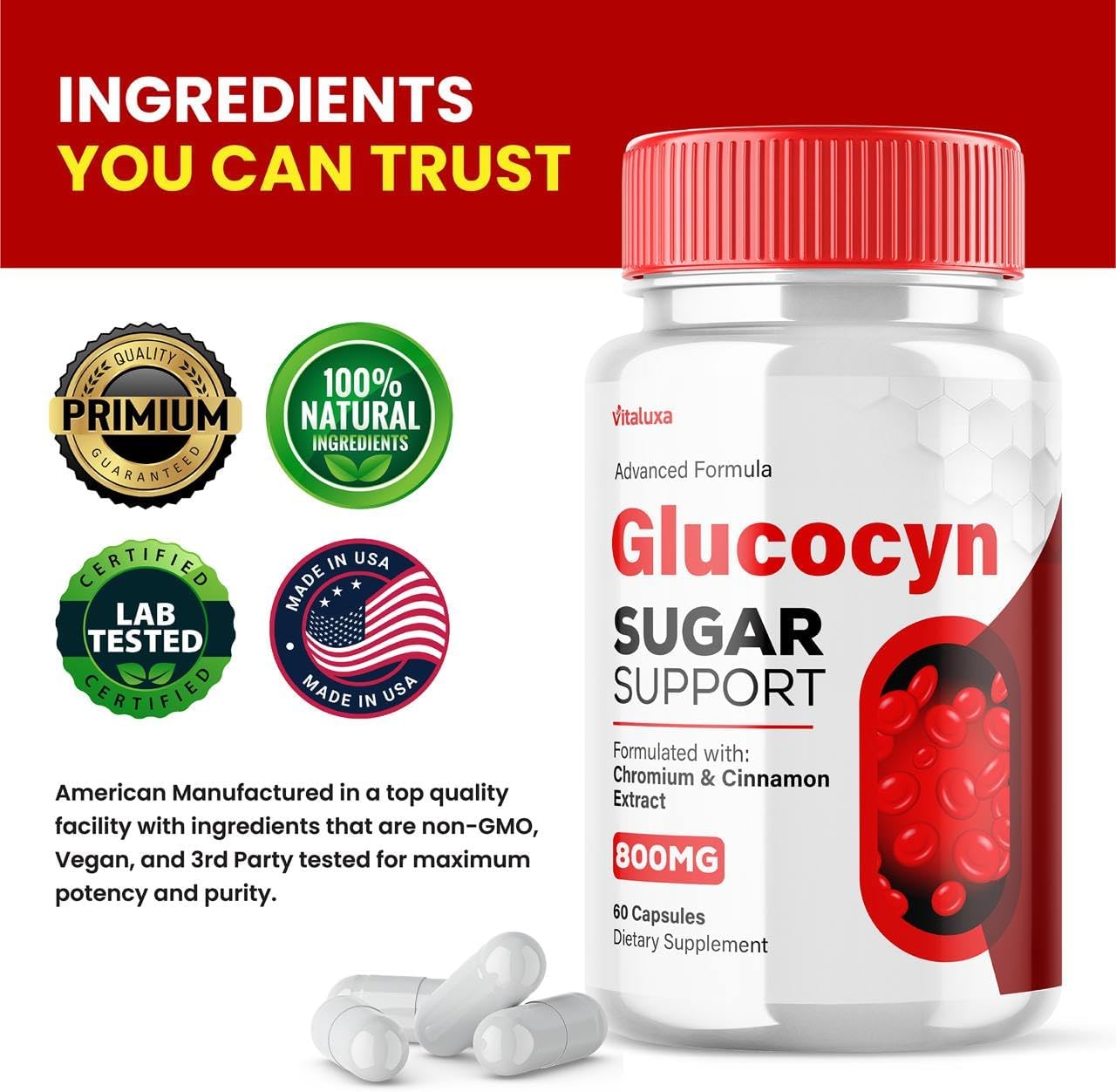 Vitaluxa Glucocyn Support Capsules (2 Pack) - 120 Cápsulas, 800mg