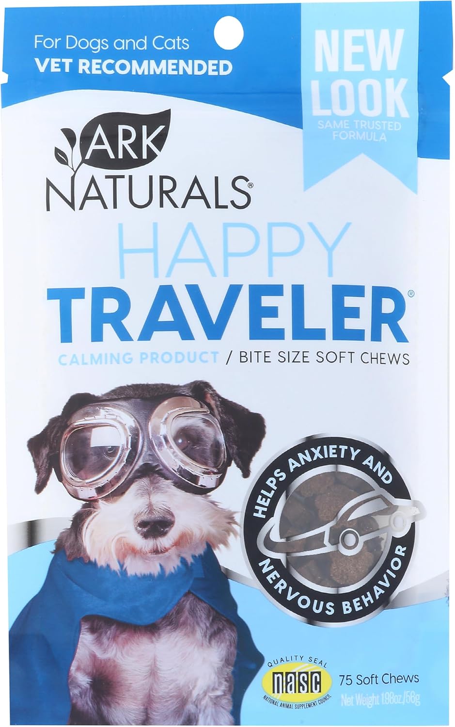 ARK NATURALS Happy Traveler Calming Chews para Perros y Gatos, 75 masticables (56 g)