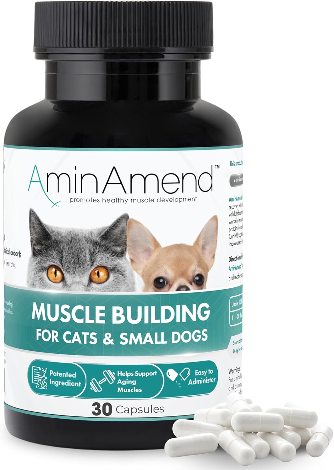 AminAmend Suplemento Muscular para Perros y Gatos Pequeños con CaHMB y Vitamina D3 - 30 Cápsulas