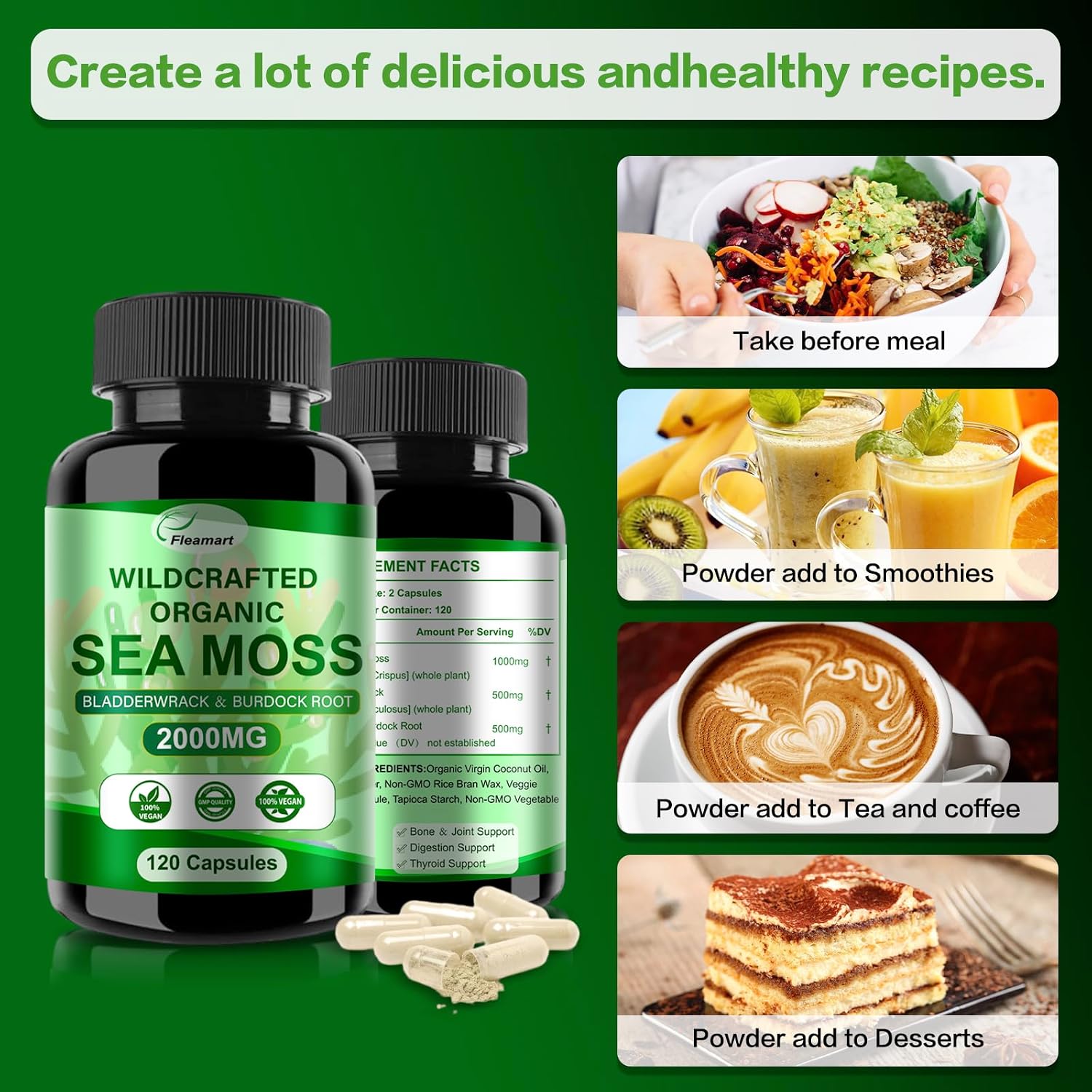 Cápsulas de Irish Sea Moss con Bladderwrack y Burdock Root - 120 Cápsulas (2 Envases) | Fleamart