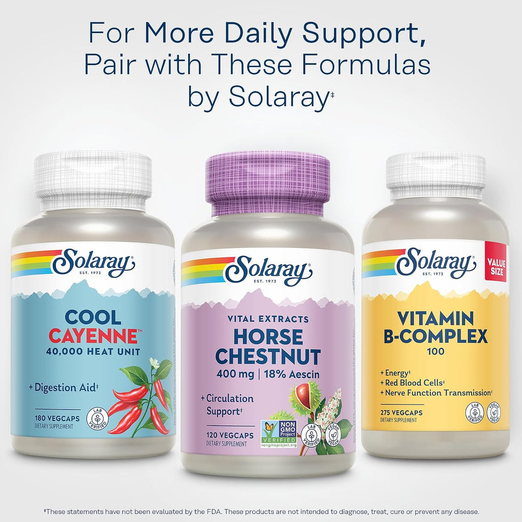 Solaray Extracto de Castaño de Indias 400 mg - Estandarizado a 72 mg de Escina - con Rusco - Complemento Alimenticio Vegano - 120 Cápsulas