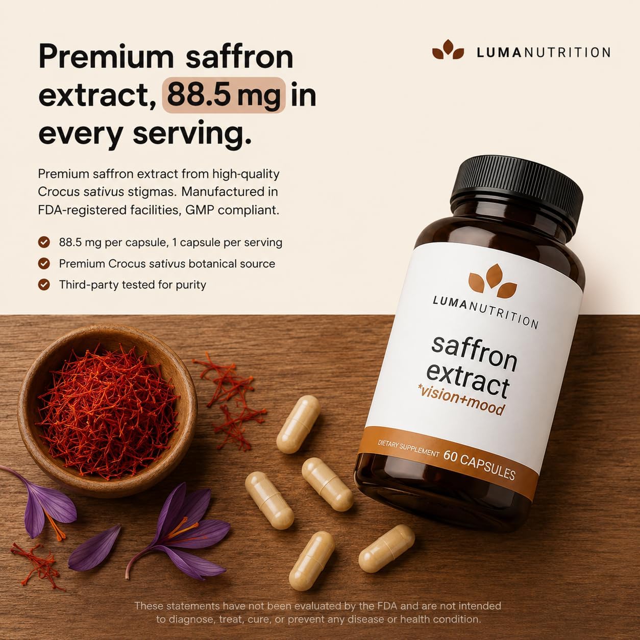 Luma Nutrition Cápsulas de Extracto de Azafrán - 88,50 mg de Azafrán Puro - 60 Cápsulas