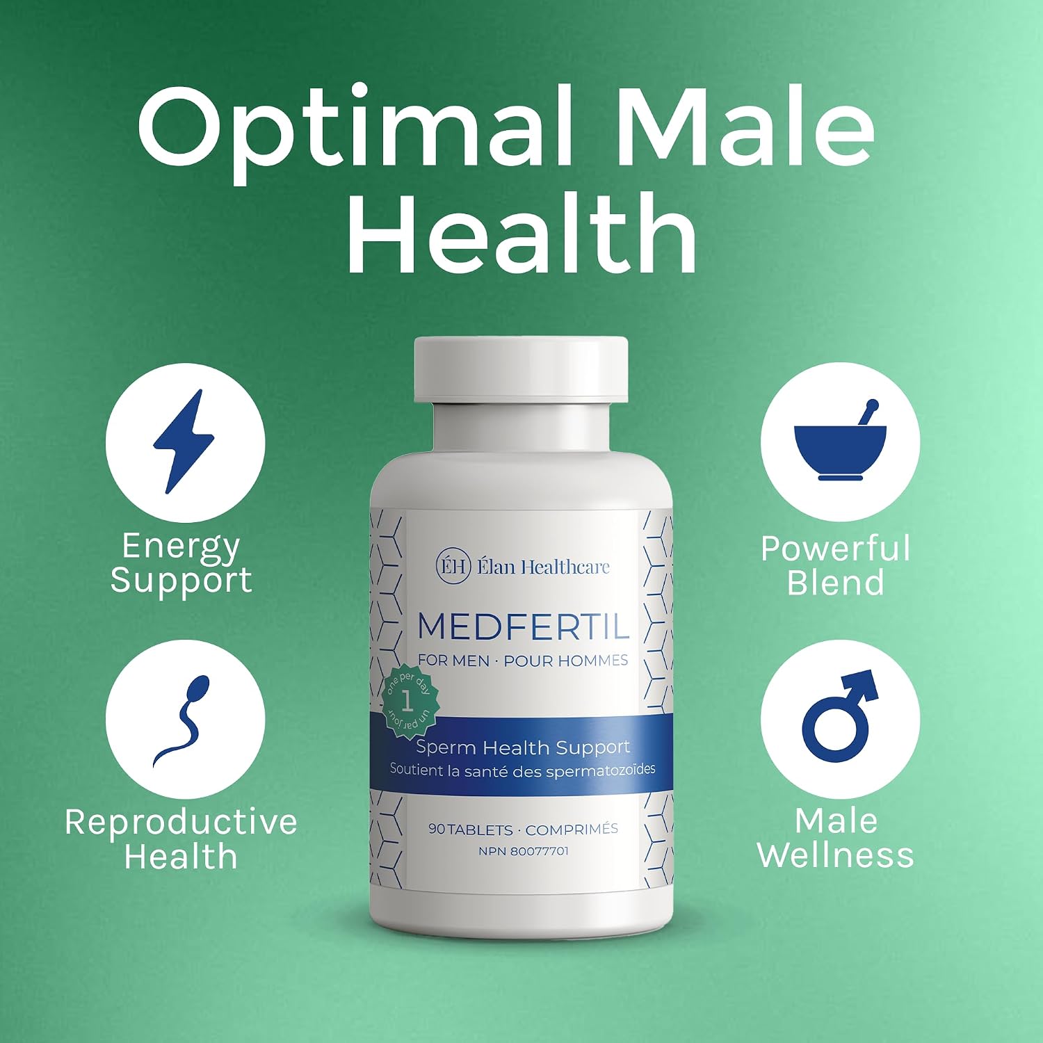 Medfertil para Hombres - Suplemento con L-Carnitina, Vitaminas C, E, B12, Ácido Fólico, Zinc, Selenio y CoQ10 - 90 Comprimidos