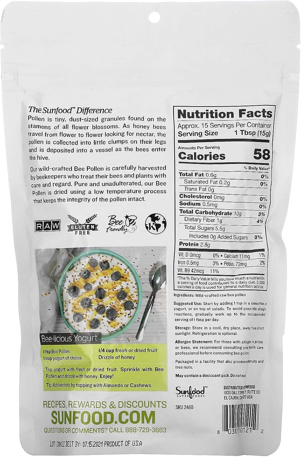 Polen de abeja crudo silvestre - Sunfood Superfoods - 227 g