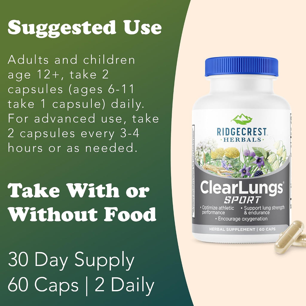 RidgeCrest Herbals ClearLungs Sport - Fórmula de Apoyo Respiratorio con Cordyceps, Rhodiola y Eleuthero | 60 Cápsulas Veganas
