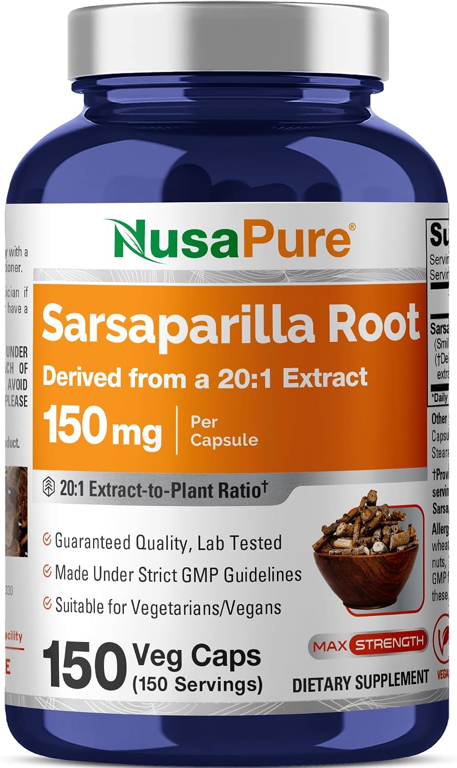 Cápsulas de Raíz de Zarzaparrilla NusaPure, 150 mg, 150 Cápsulas Veganas (No OGM, Vegano)