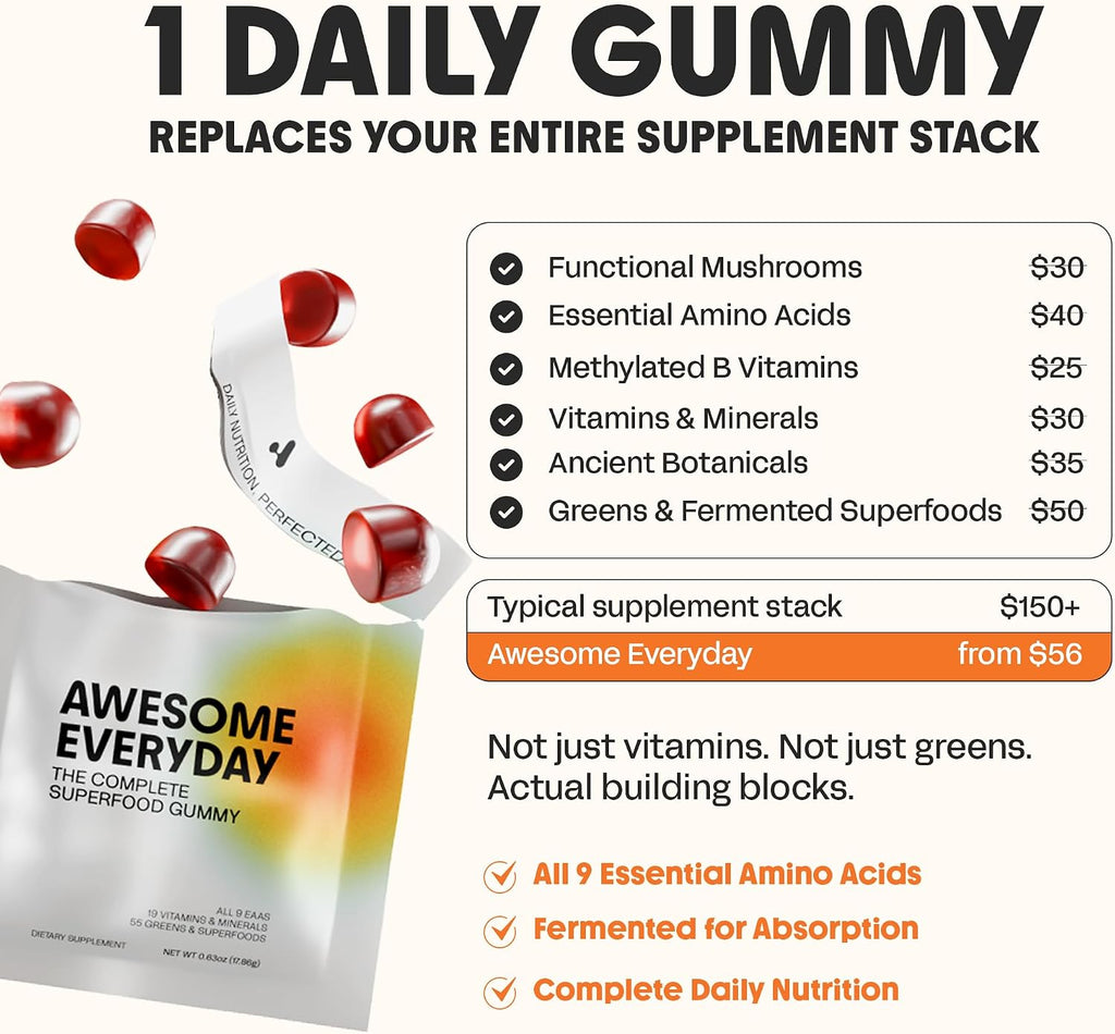 Awesome Everyday Essential Daily Nutrition Gummies – Gominolas Nutricionales Diarias con Aminoácidos Esenciales, Vitaminas, Minerales y Superalimentos Fermentados