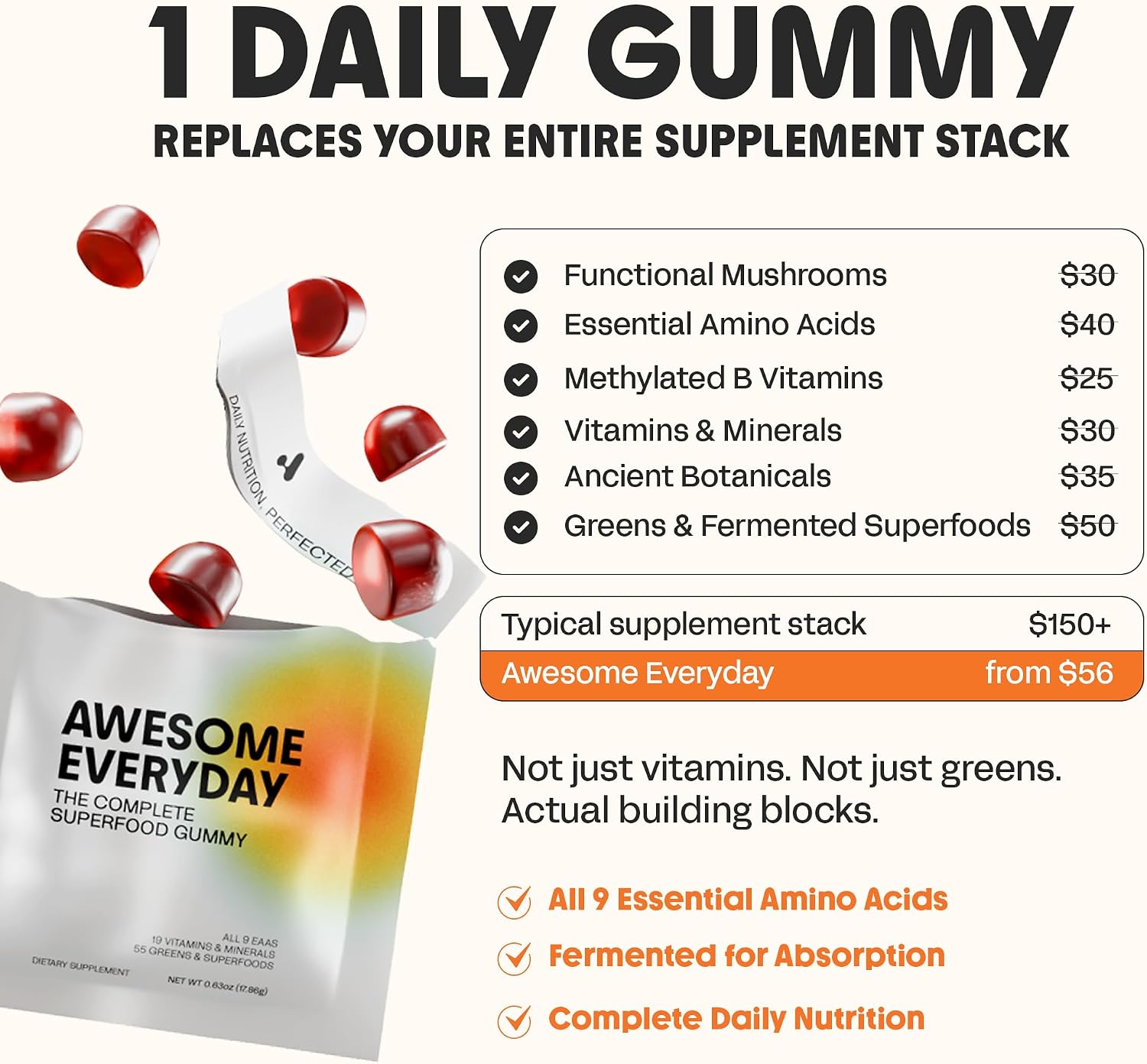 Awesome Everyday Essential Daily Nutrition Gummies – Gominolas Nutricionales Diarias con Aminoácidos Esenciales, Vitaminas, Minerales y Superalimentos Fermentados