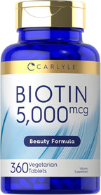 Carlyle Biotina 5000mcg | 360 Comprimidos Vegetarianos | Suplemento de Belleza para Cabello, Piel y Uñas | Sin OGM, Sin Gluten