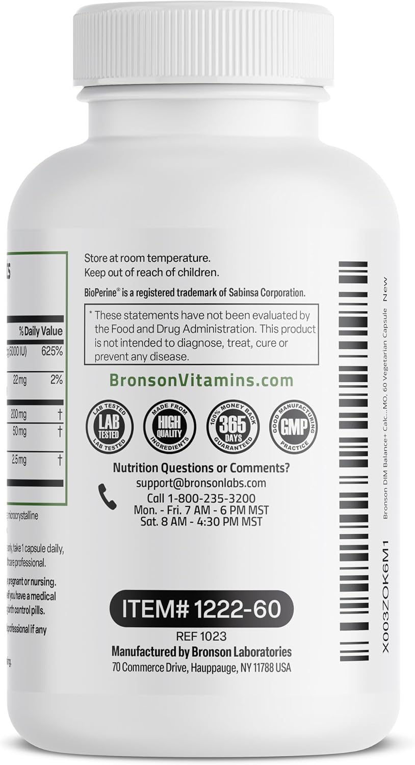 Bronson DIM Balance+ con Calcio D-Glucarato, Extracto de Brotes de Brócoli y Vitamina D3, 200 mg de DIM por Cápsula, 60 Cápsulas Vegetales