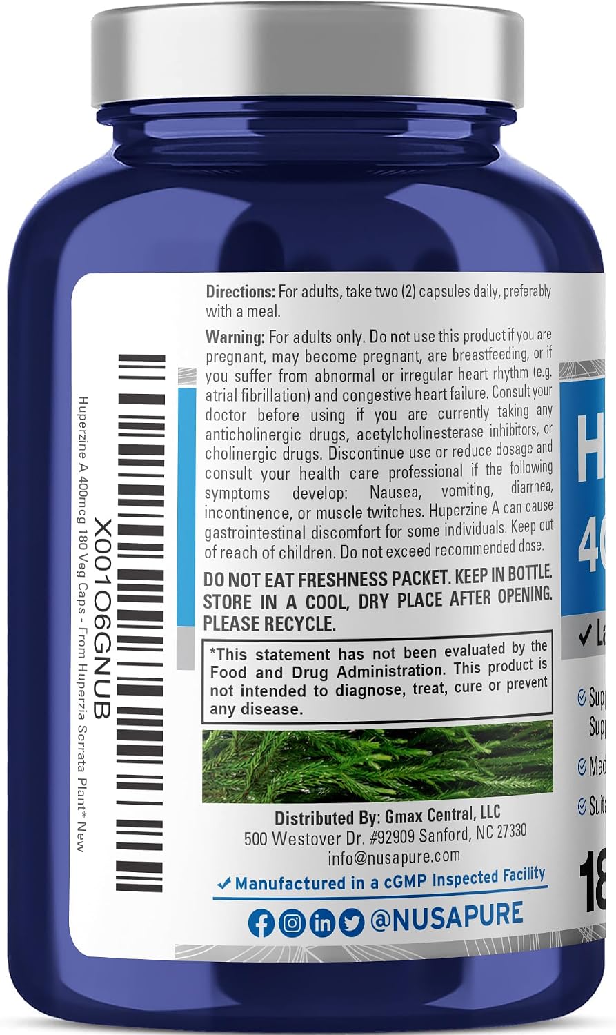 NusaPure Huperzine A 400mcg 180 Cápsulas Vegetales (Vegano, Sin OGM)