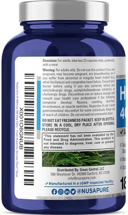 NusaPure Huperzine A 400mcg 180 Cápsulas Vegetales (Vegano, Sin OGM) – Image 3