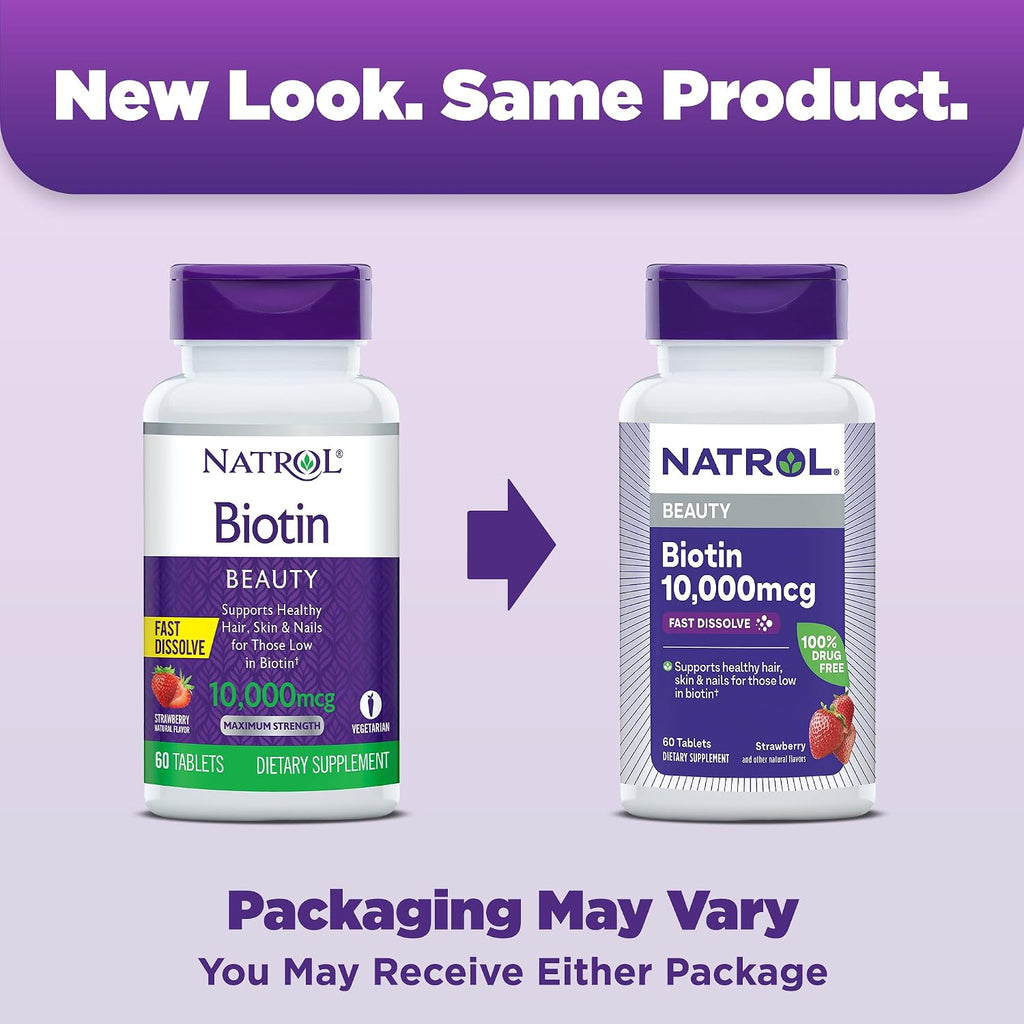 Natrol Beauty Biotin 10000mcg - 60 Comprimidos de Disolución Rápida Sabor Fresa