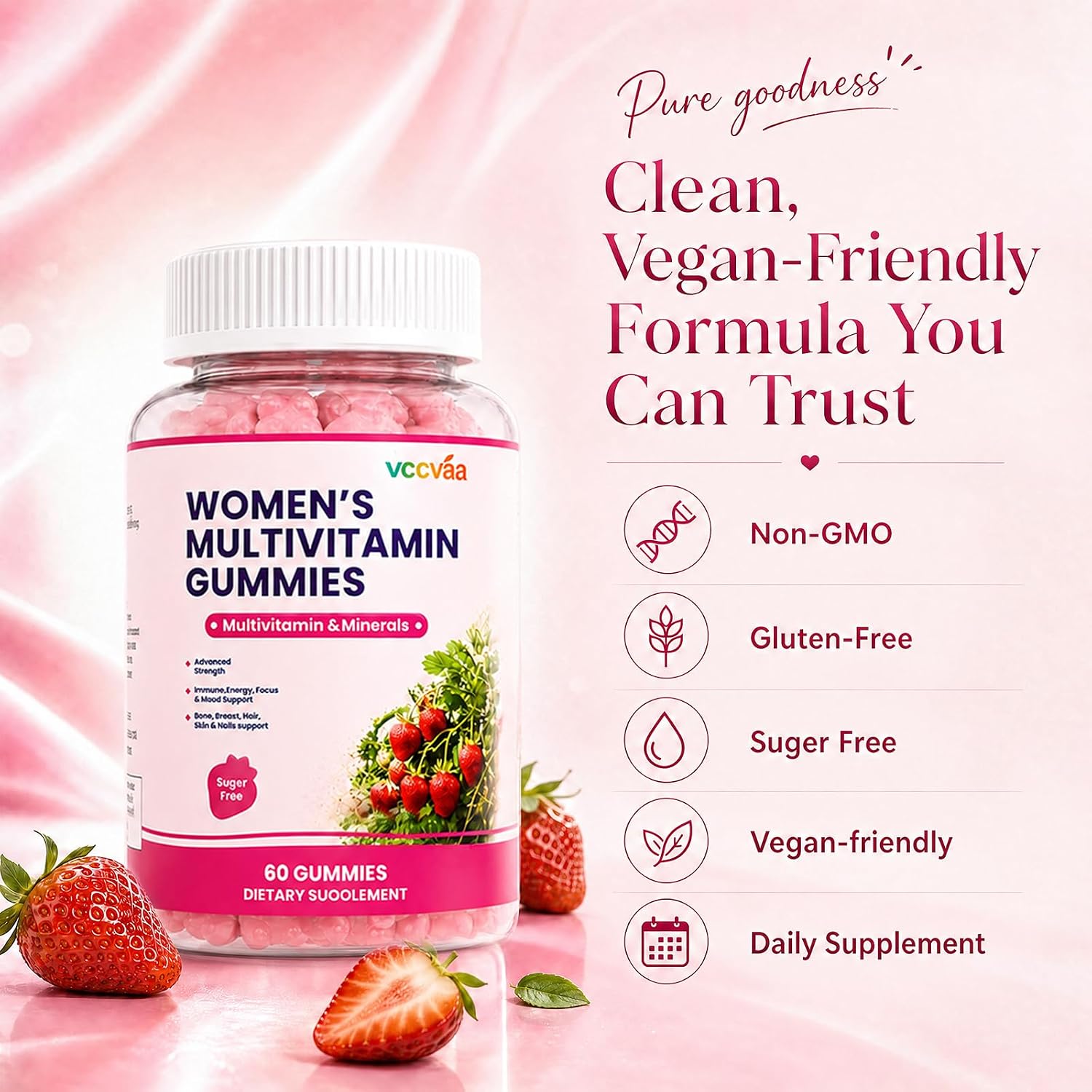 Vccvaa Gominolas Multivitamínicas Sin Azúcar para Mujeres 14+ con Hierro, Inositol, Folato, Vitaminas A C D3 E B12 K2, Mezcla de Hierbas y Minerales – 60 unidades