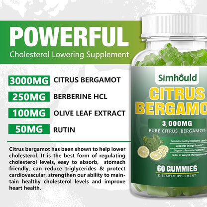 2 Pack Gominolas de Bergamota Cítrica - 3000mg Extracto de Bergamota, Complemento para el Colesterol, Apoyo Inmunitario, 120 Gominolas Sabor Lima