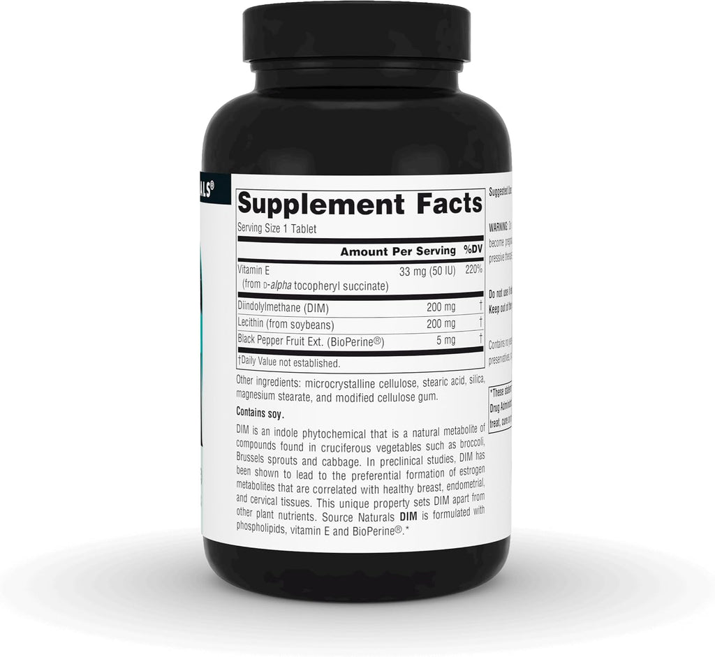 Source Naturals DIM, Diindolilmetano 200mg con BioPerine y Vitamina E - 120 Comprimidos