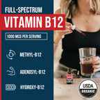 BioActive Vitamin B12 1000 mcg con 3 Formas Bioactivas y Metilfolato - Sublingual Sabor Cereza, Orgánico, Vegano (180 Dosis)