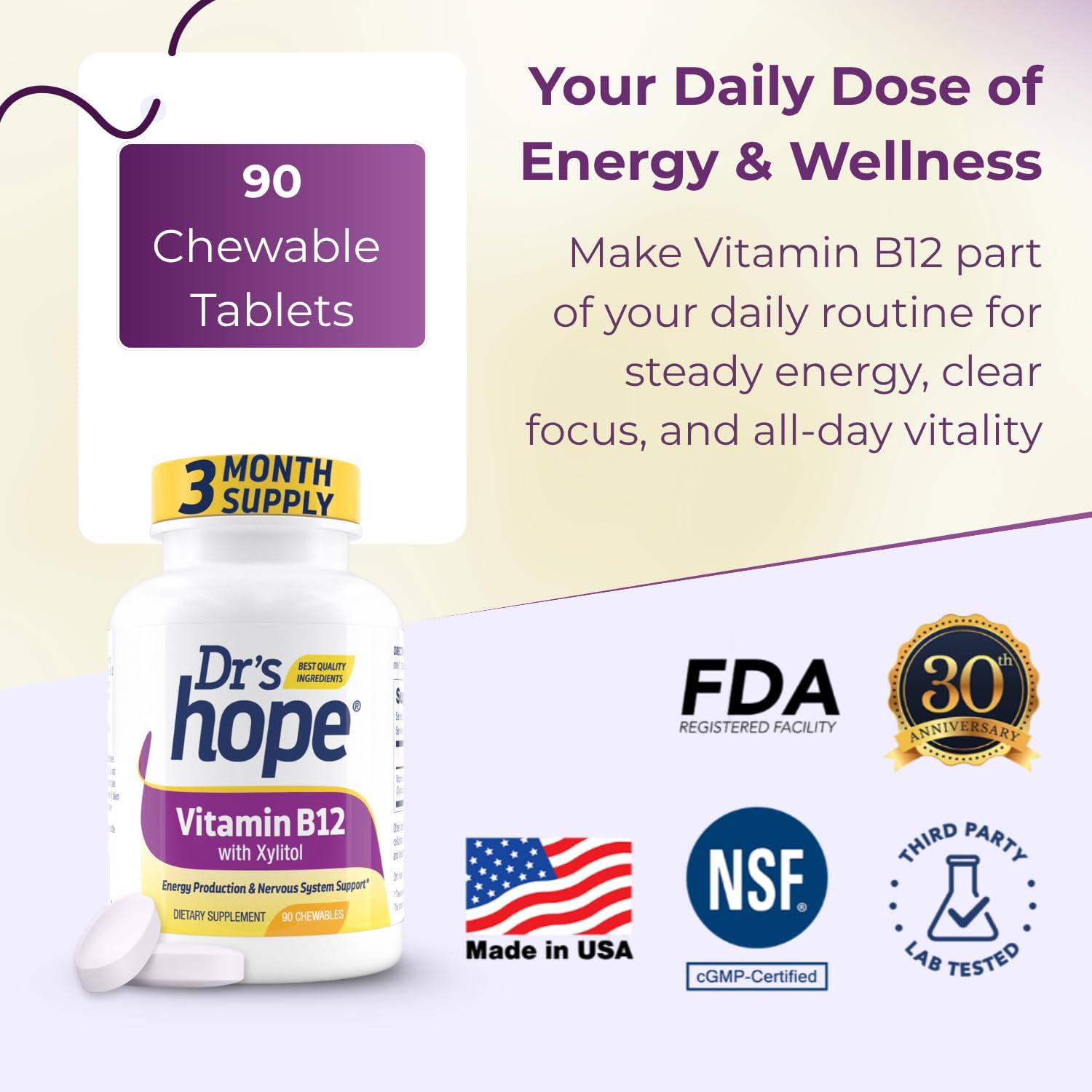 Vitamina B12 1000 mcg – 90 Comprimidos Masticables – Dr’s Hope