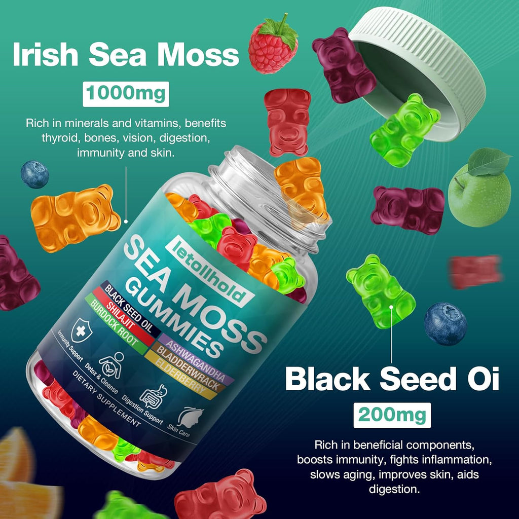 Sea Moss Gummies con Ashwagandha, Bladderwrack y Burdock Root - 60 Gominolas Veganas (2 Envases)