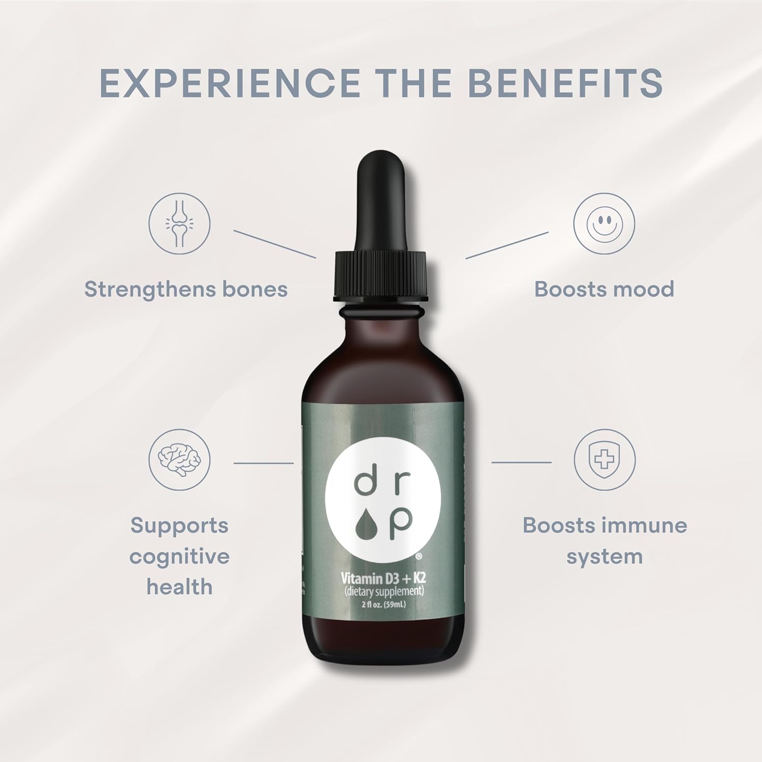 Drop Vitamina D3 + K2 Gotas Líquidas, 1000 UI D3 Vegana de Liquen, 45 mcg K2 (MK-4 y MK-7), con Aceite de Coco MCT Orgánico, 59 Dosis, 60 ml