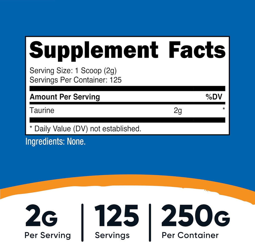 Nutricost Taurine Powder 250 Grams - 125 Servings, 2000mg per Serving