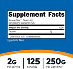 Nutricost Taurine Powder 250 Grams - 125 Servings, 2000mg per Serving