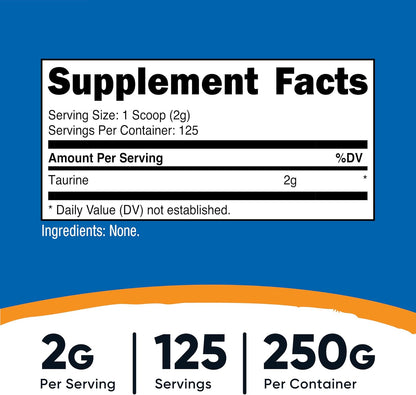 Nutricost Taurina en Polvo 250 Gramos - 125 Dosis, 2000mg por Dosis – Image 2