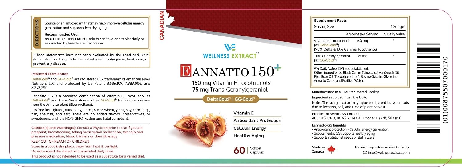 WELLNESS EXTRACT Annatto Tocotrienols 150mg con GG Gold, Suplemento de Geranylgeraniol, Vitamina E sin Tocoferol, 60 Cápsulas Blandas