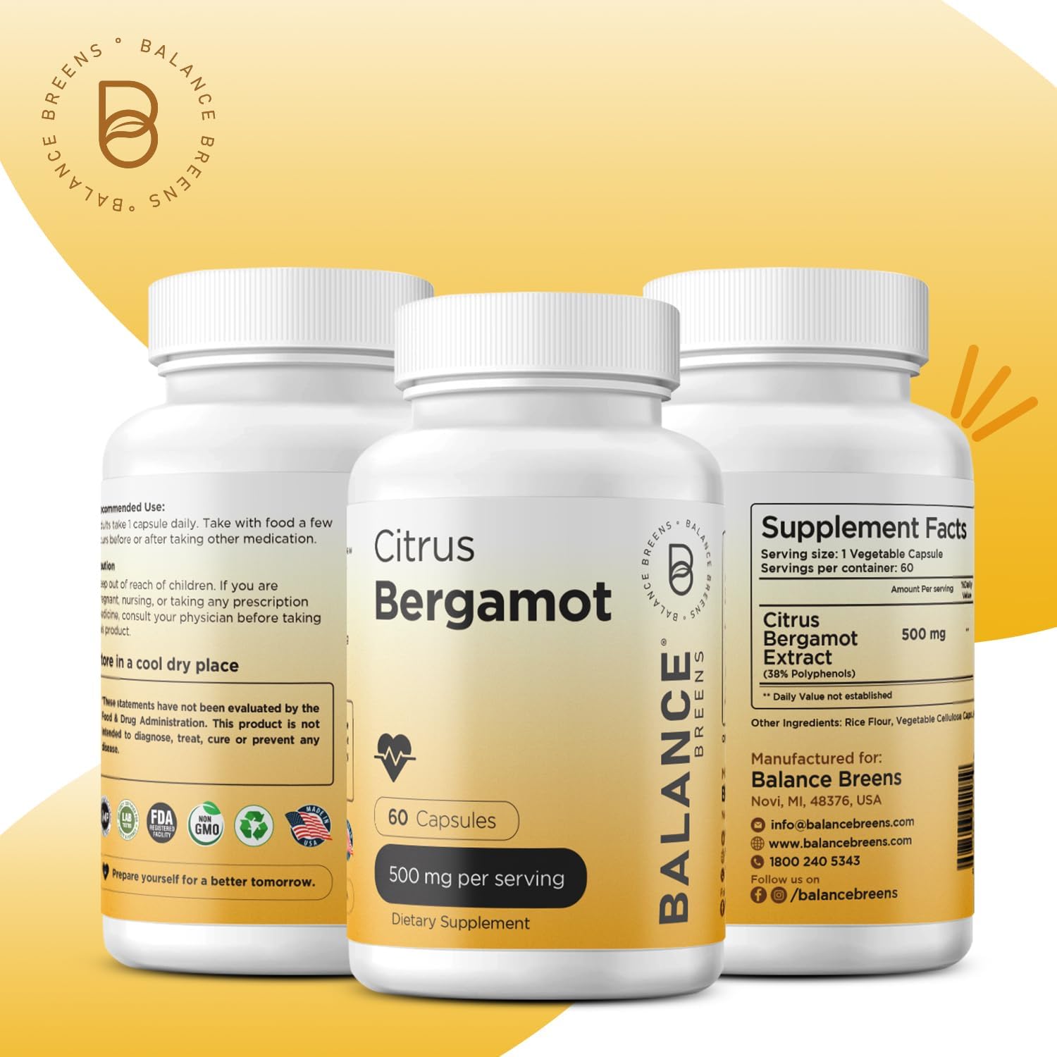 Citrus Bergamot 500mg, 60 Cápsulas Veganas - Suplemento Avanzado de Bergamota para el Metabolismo