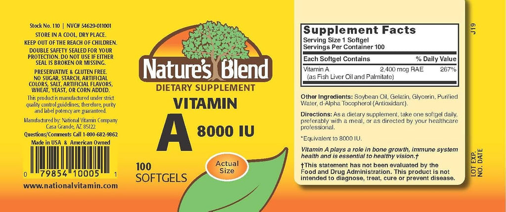 Nature's Blend Vitamina A 8000 UI - 100 Cápsulas Blandas