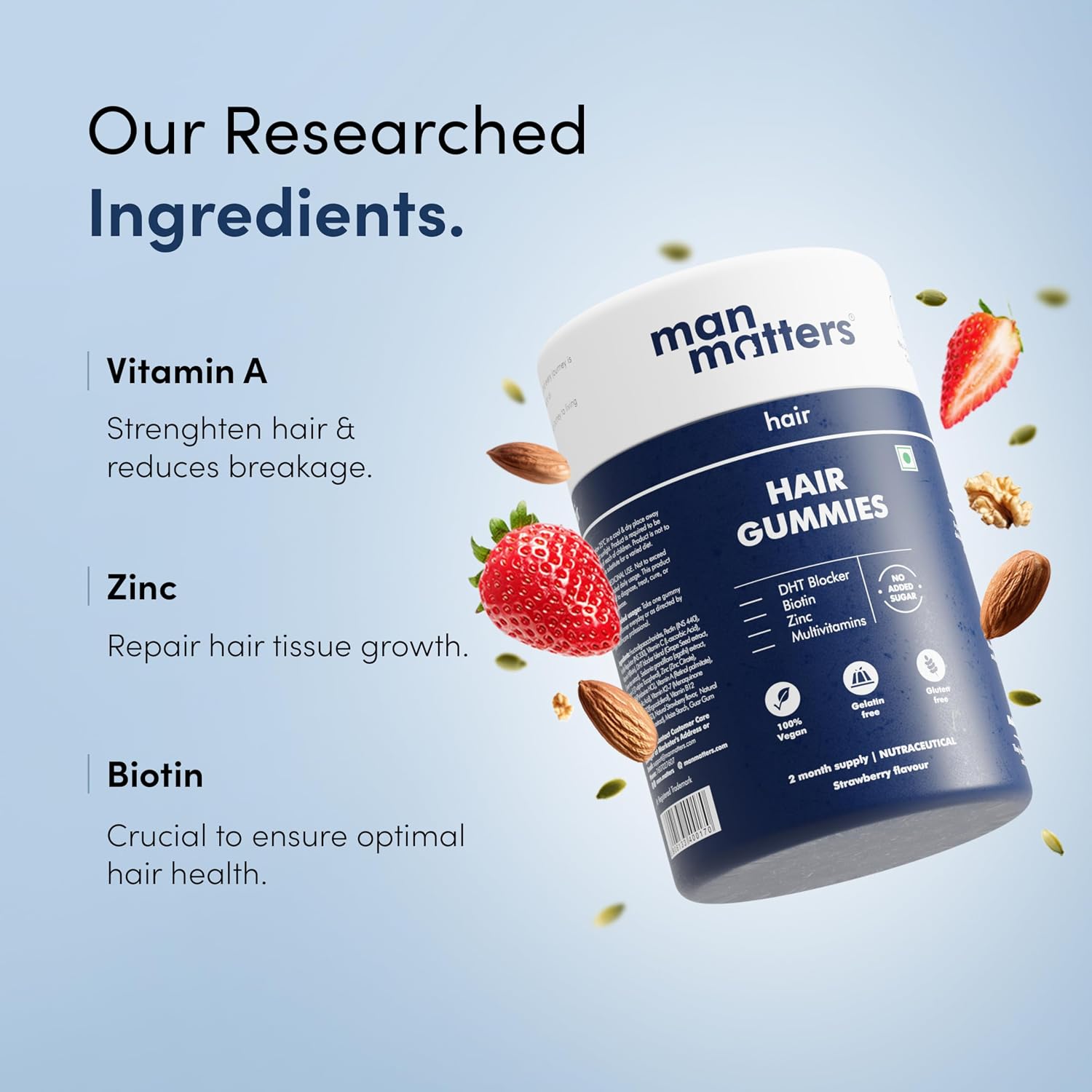Man Matters Biotin Hair Gummies - Gummies de Biotina para el Cabello, Sabor Fresa, 120 uds