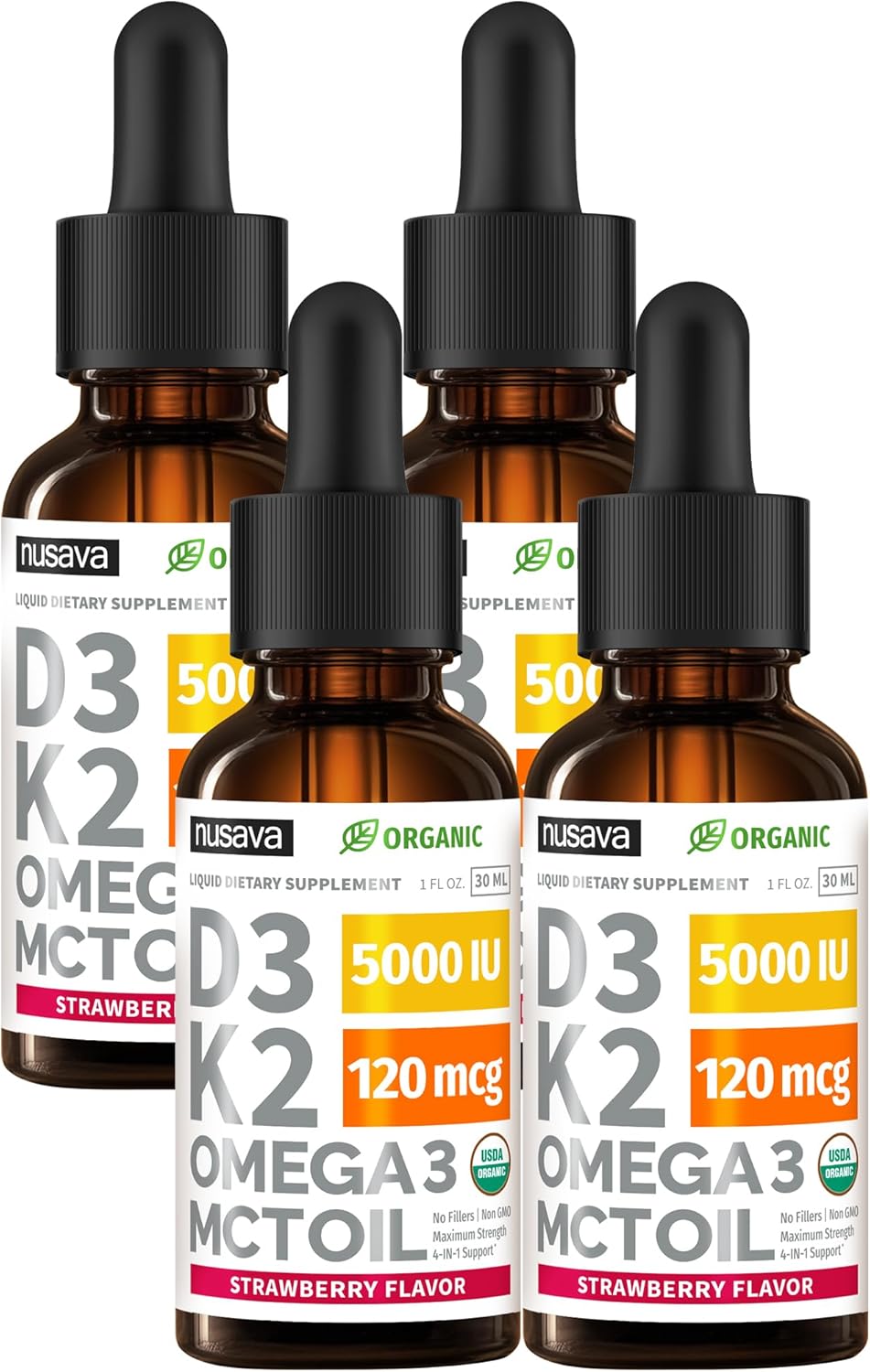 NUSAVA Organic Vitamin D3 K2 Drops with MCT Oil & Omega 3 - 5000 IU D3, 120 mcg K2, Strawberry, 4 Fl Oz (4-Pack)