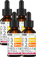 NUSAVA Organic Vitamin D3 K2 Drops with MCT Oil & Omega 3 - 5000 IU D3, 120 mcg K2, Strawberry, 4 Fl Oz (4-Pack)