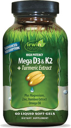 Irwin Naturals Mega D3 y K2 + Extracto de Cúrcuma | Complejo de Alta Potencia | 60 Cápsulas Blandas