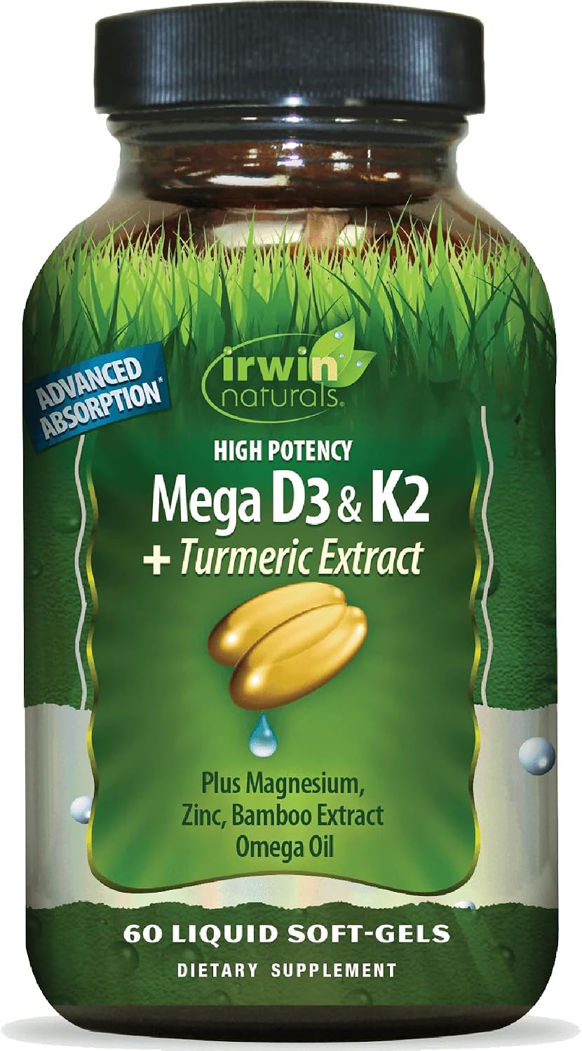 Irwin Naturals Mega D3 & K2 + Extracto de Cúrcuma | 60 Soft-Gels Líquidos