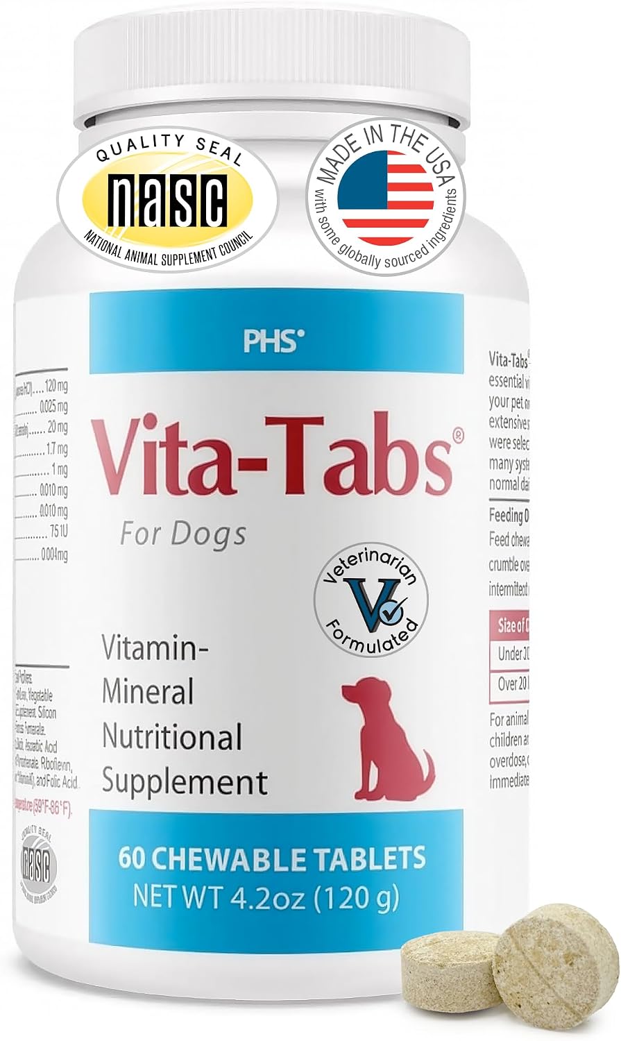 Vita-Tabs Suplemento Multivitamínico y Mineral para Perros - Recomendado por Veterinarios - 60 Comprimidos Masticables para Piel, Pelaje, Energía y Bienestar