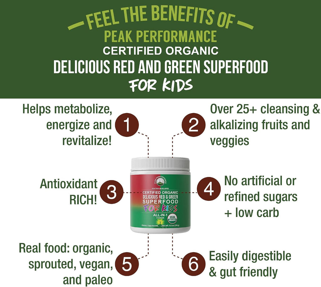Peak Performance Kids Greens and Reds Superfood Powder - Polvo de Superalimentos Orgánicos con 25+ Frutas y Verduras para Niños